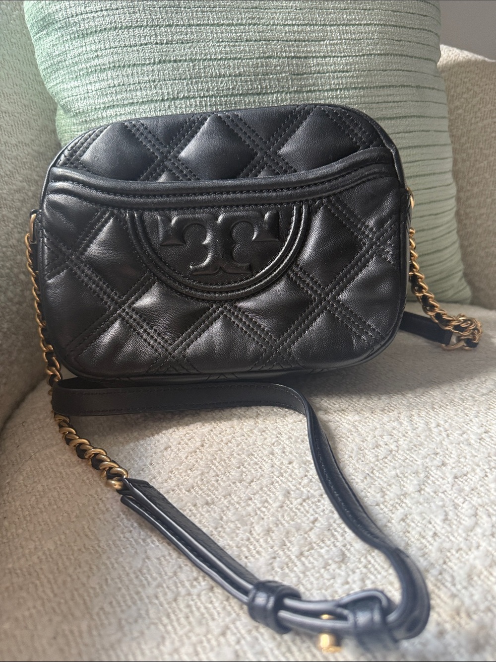 Tory Burch Black Quilted Logo Leather Crossbody with Gold Chain